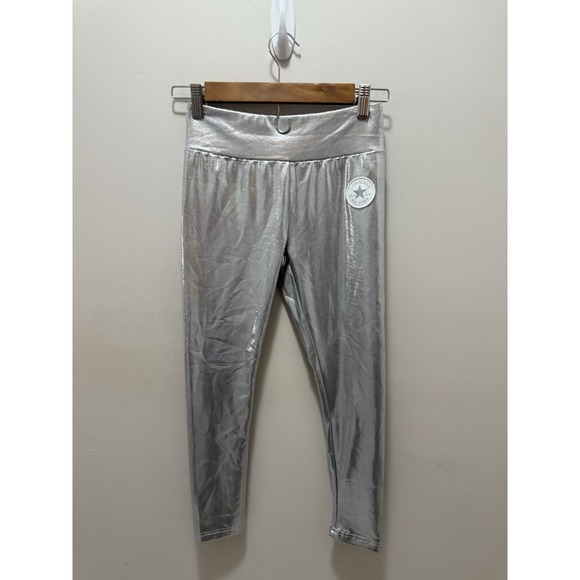 Converse All Star Girls Metallic Silver Leggings Size M 10-12 Holographic Shiny - Picture 1 of 8